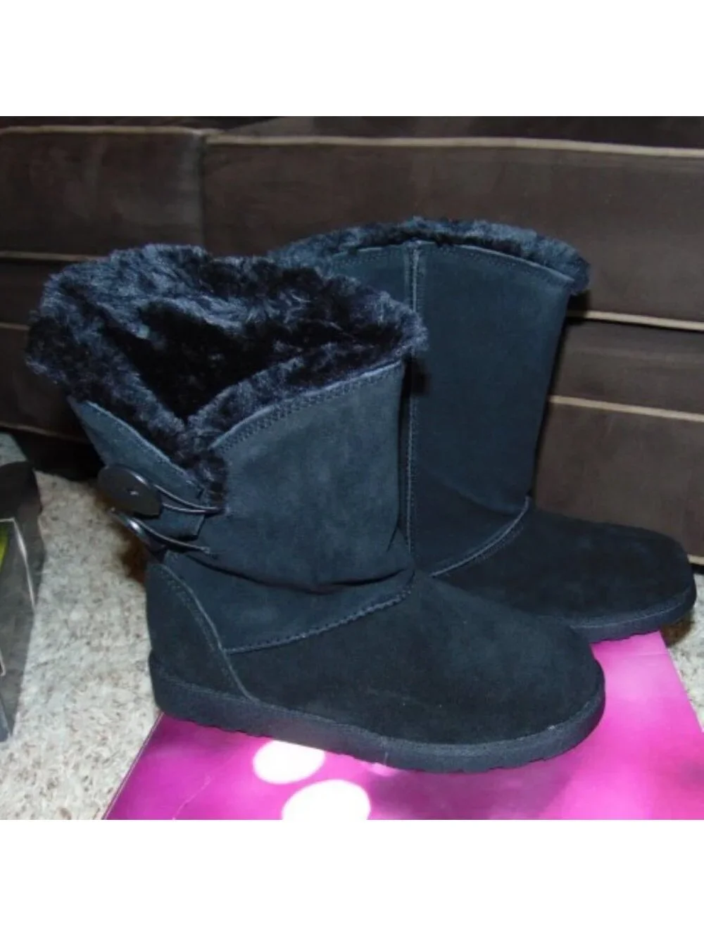 SO Winter Boots 7.5 Womens Black Mid Calf Pull On Plush Suede Button Fx Fur Trim